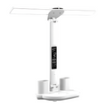 White rechargeable LED desk lamp featuring dual adjustable lighting heads and a foldable body.