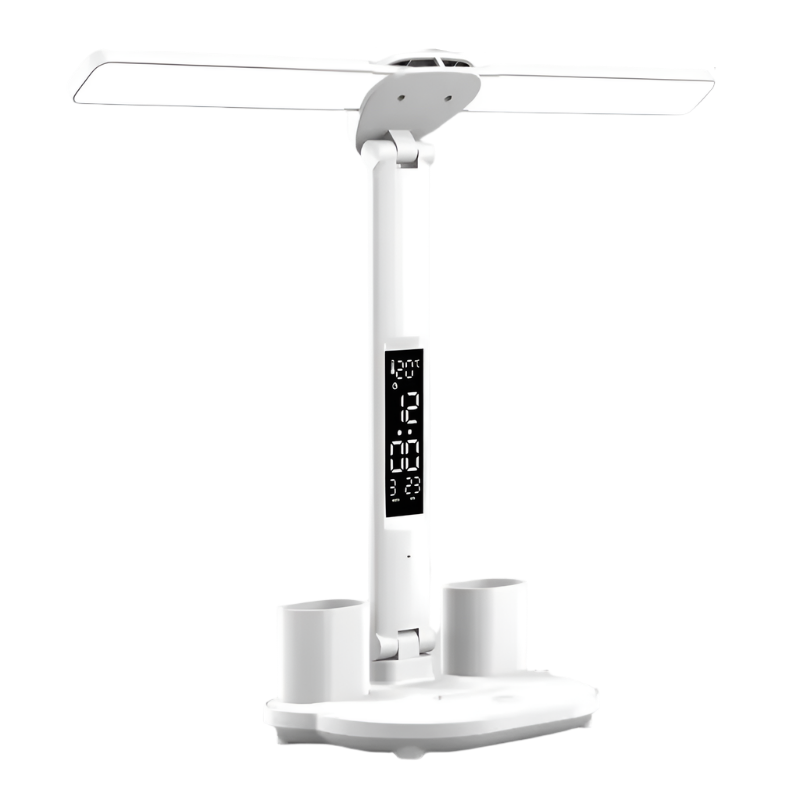 White rechargeable LED desk lamp featuring dual adjustable lighting heads and a foldable body.