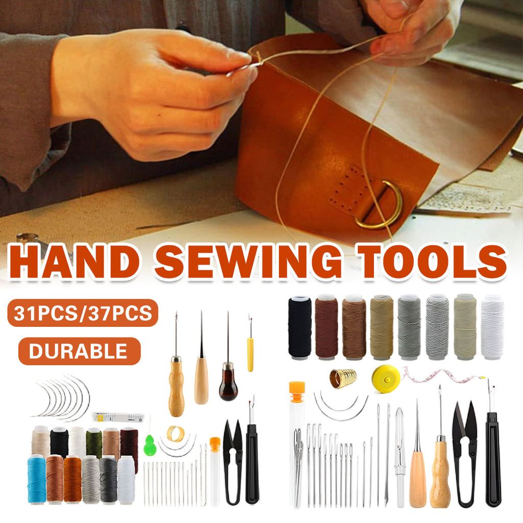 Hand sewing and leather craft kit featuring big eye needles, cotton thread spools, and wooden awls