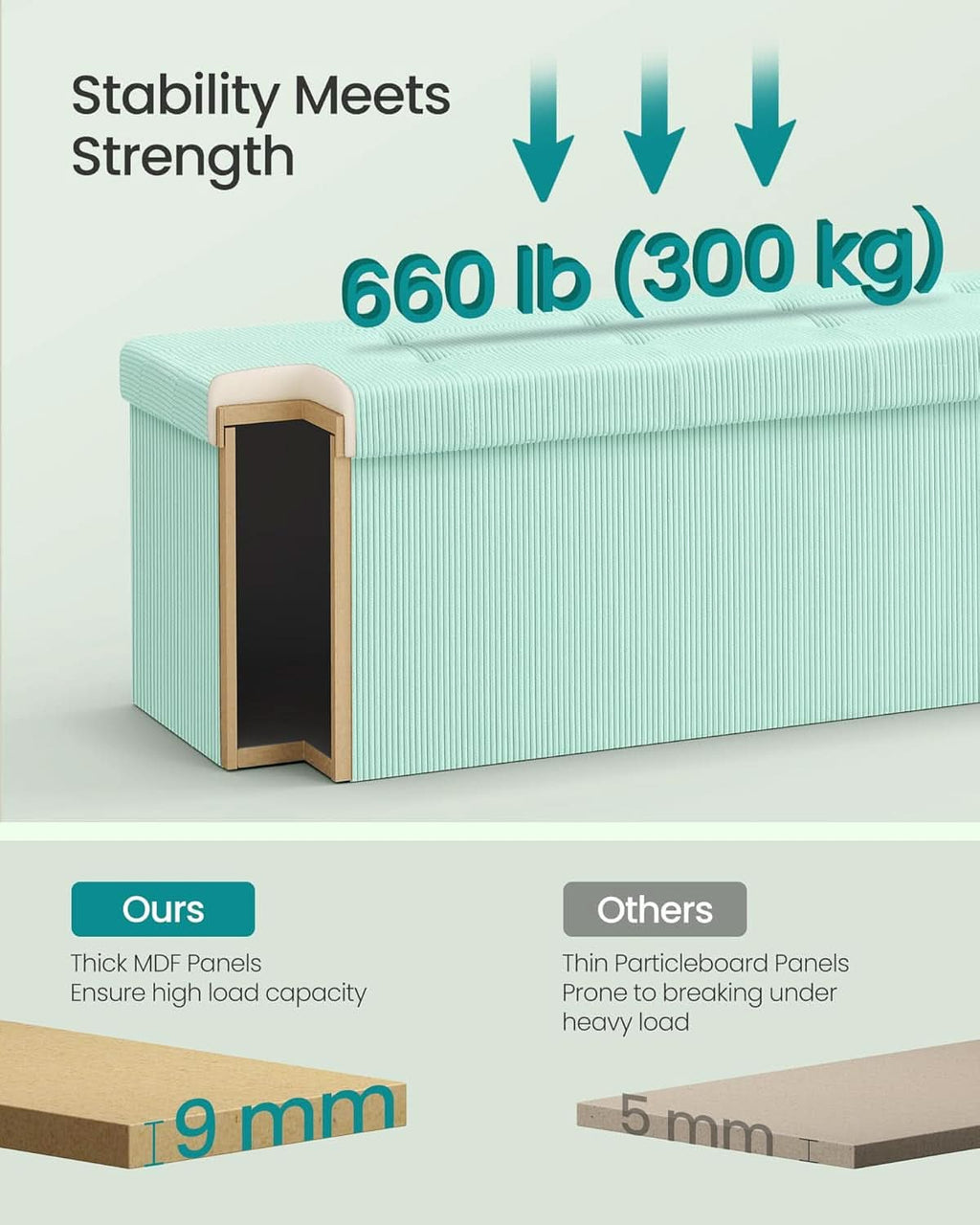 Moonlight green foldable corduroy storage ottoman bench with tufted lid and divided interior. — view 5