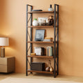 Tall 5 tier rustic brown bookshelf with black metal frame and decorative items on shelves