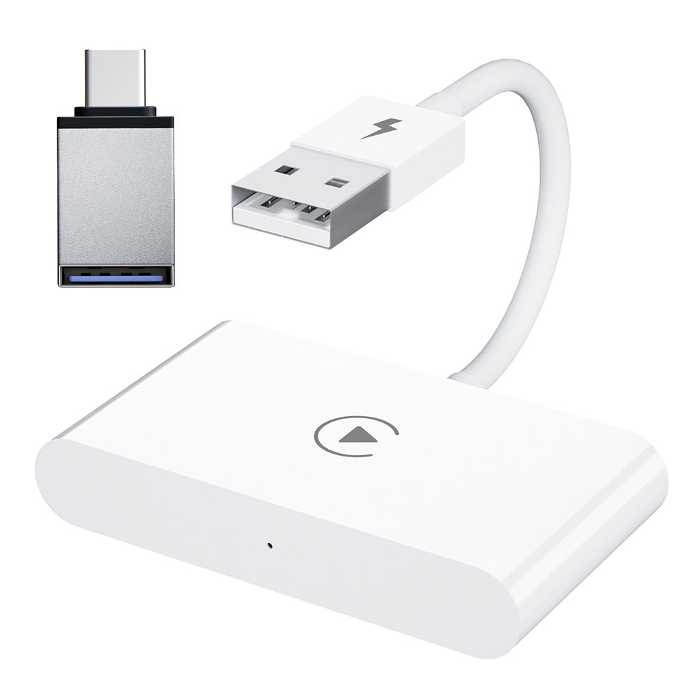 White plastic wireless CarPlay adapter dongle with Type-C adapter for car navigation systems