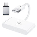 White plastic wireless CarPlay adapter dongle with Type-C adapter for car navigation systems