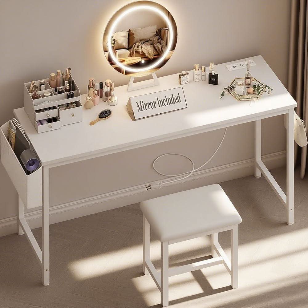 47-inch white vanity desk with round LED lighted mirror, storage pocket, and PU-padded stool — view 5
