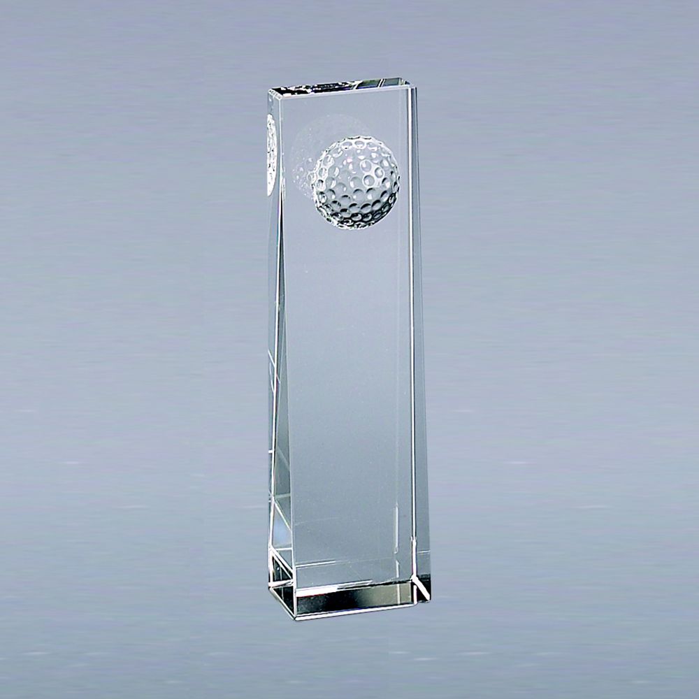 Clear optic crystal golf ball obelisk trophy with tapering sides and a raised golf ball design