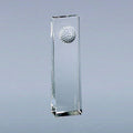 Clear optic crystal golf ball obelisk trophy with tapering sides and a raised golf ball design