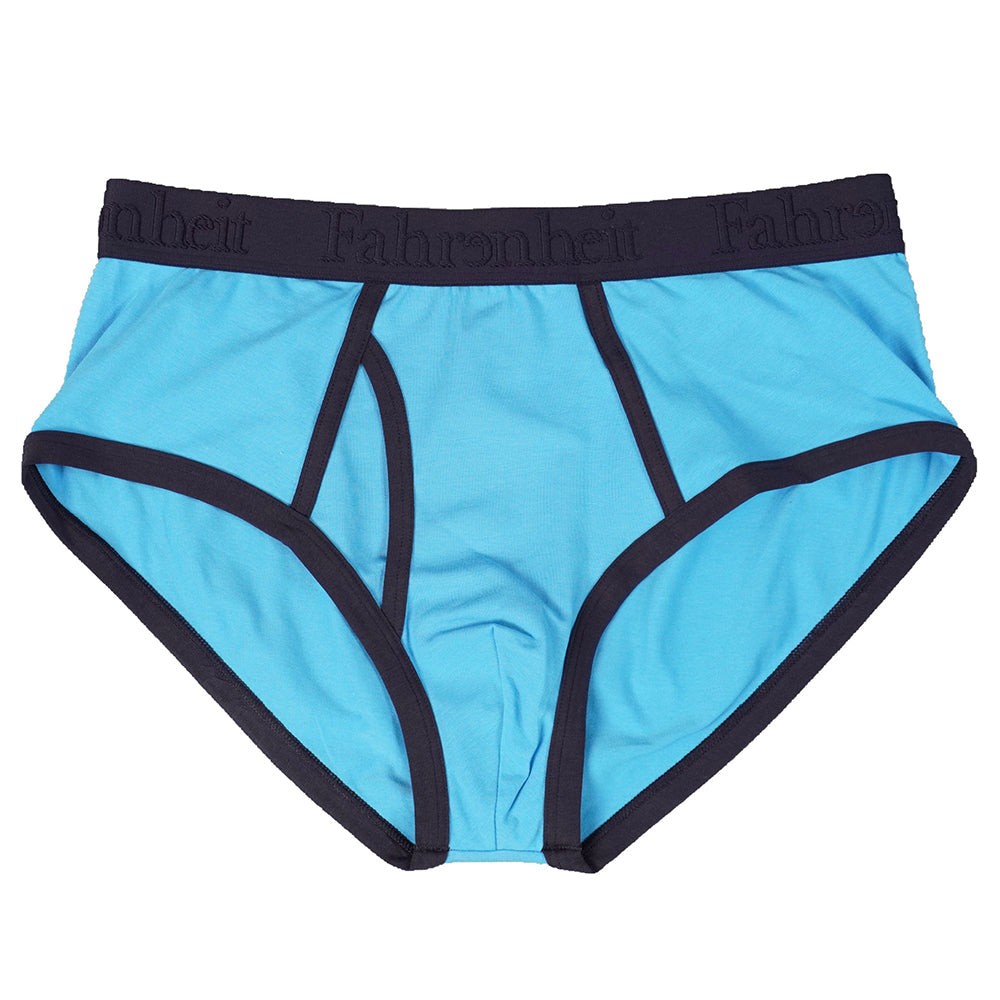 Solid blue men's brief underwear featuring a smooth elastic waistband and raised logo detailing