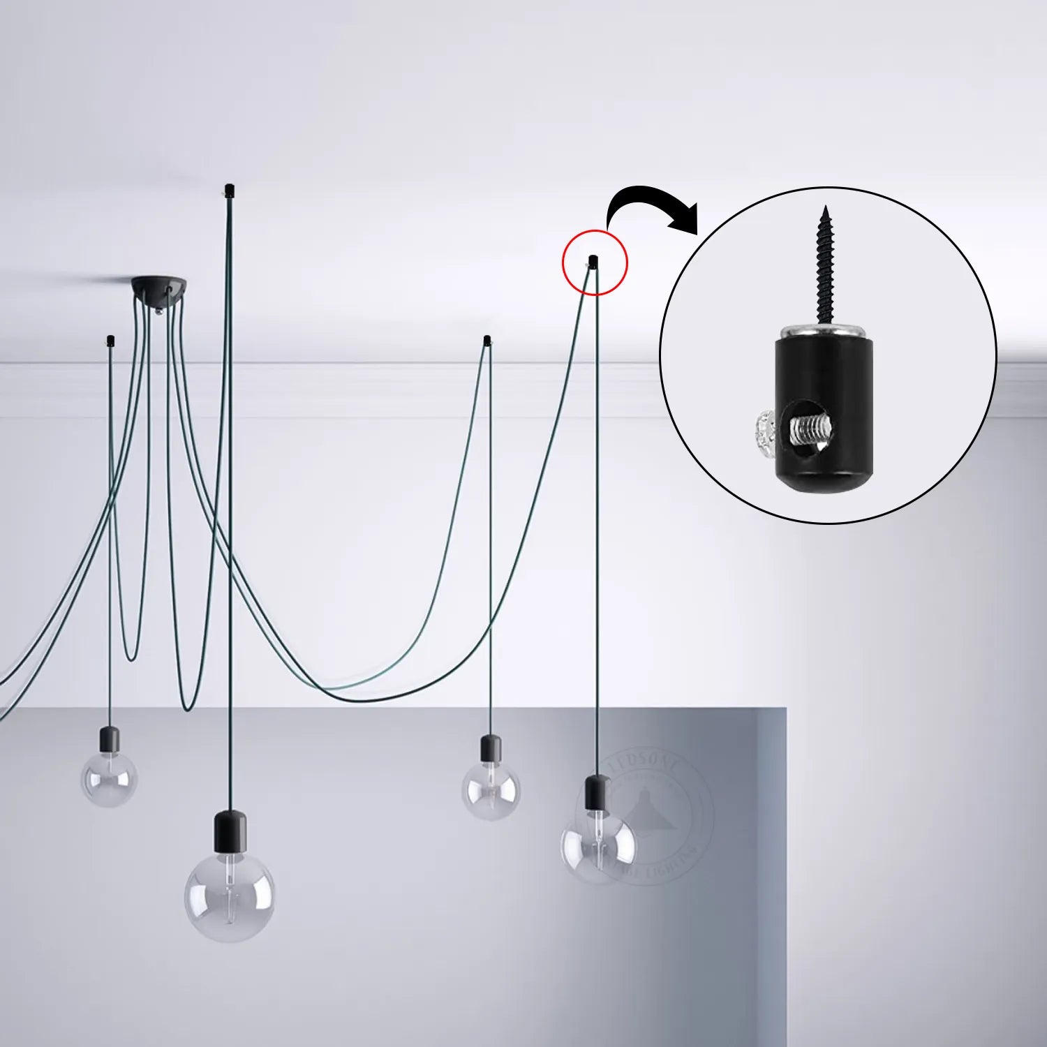 Solid steel black pendant light hook and cable mounting clip for fabric lighting cords — view 4