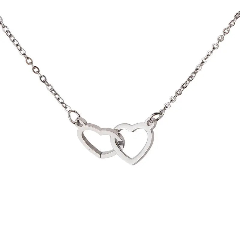 Double heart name necklace in stainless steel featuring interlocking customizable pendants on a delicate chain. — view 4