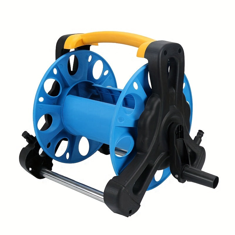 Compact garden hose stand in vibrant blue plastic, freestanding portable frame for outdoor yard organization