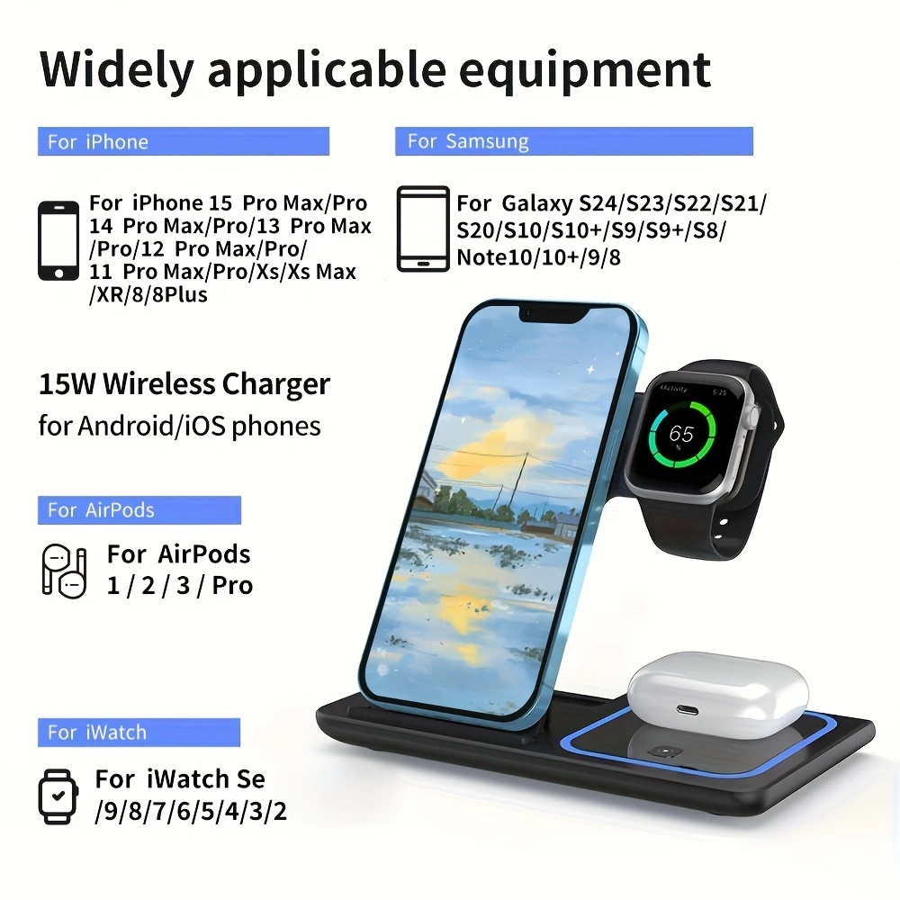 Sleek foldable 3-in-1 wireless charging station powering a smartphone, smartwatch, and earbuds simultaneously — view 5