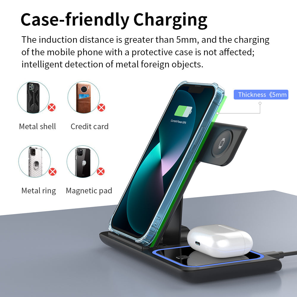 Sleek foldable 3-in-1 wireless charging station powering a smartphone, smartwatch, and earbuds simultaneously — view 2