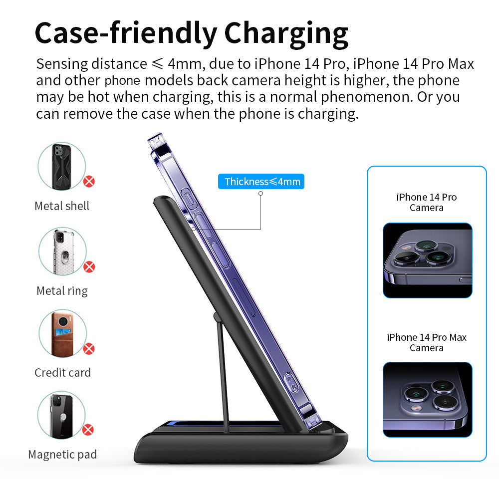 Sleek foldable 3-in-1 wireless charging station powering a smartphone, smartwatch, and earbuds simultaneously — view 3