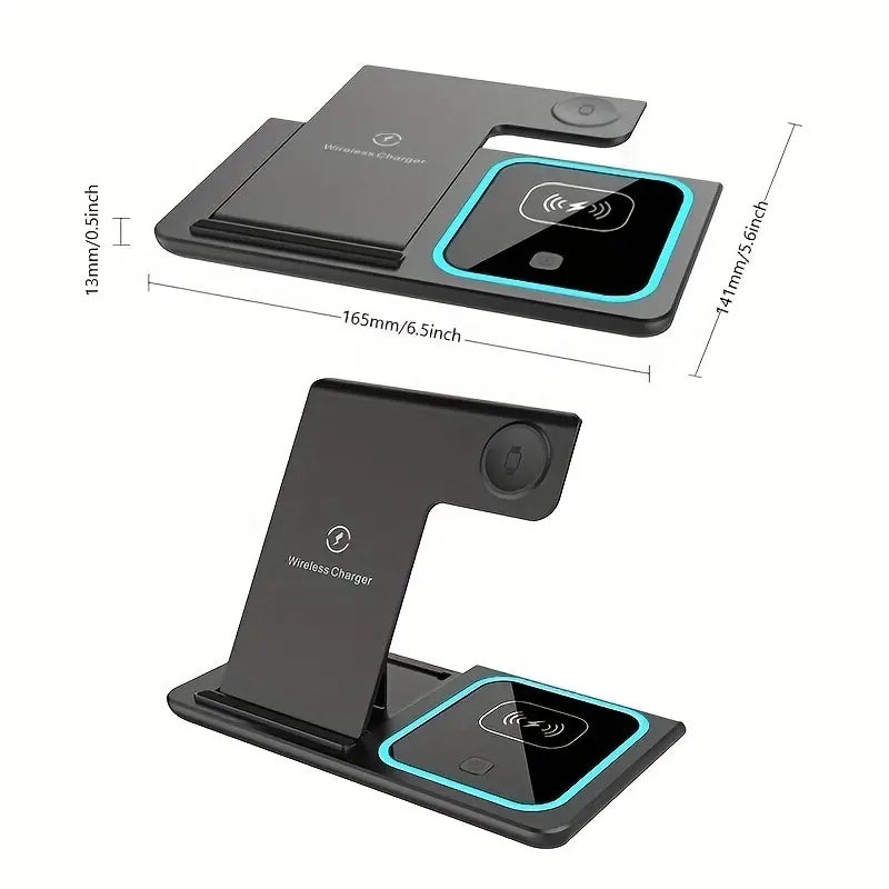 Sleek foldable 3-in-1 wireless charging station powering a smartphone, smartwatch, and earbuds simultaneously — view 4