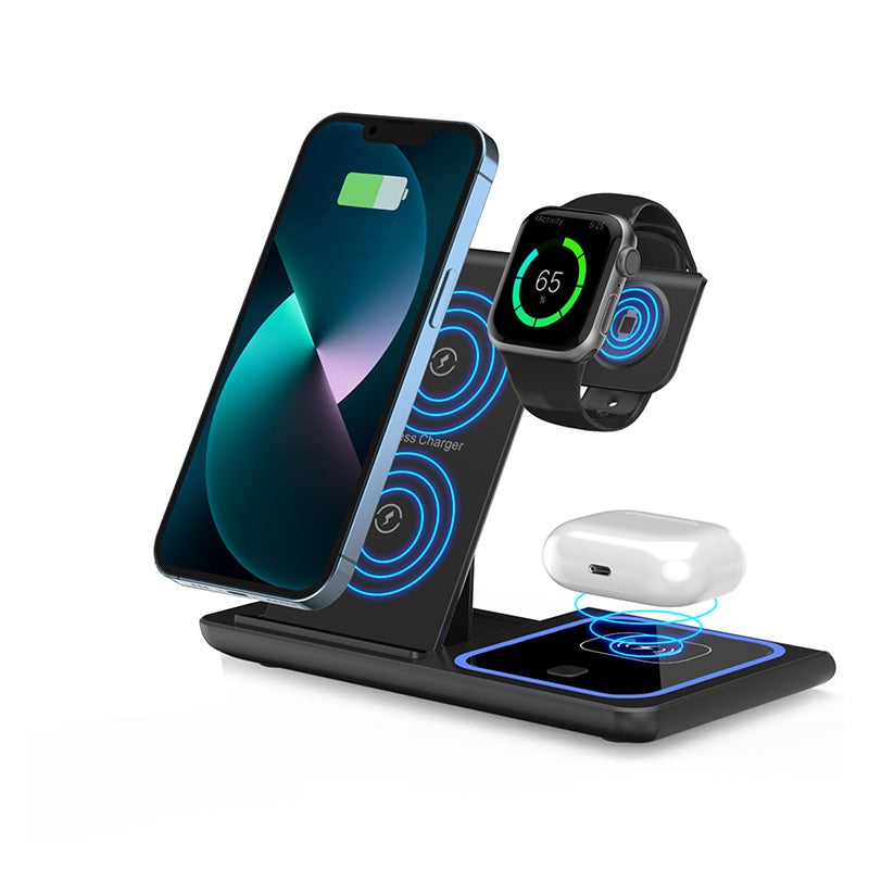 Sleek foldable 3-in-1 wireless charging station powering a smartphone, smartwatch, and earbuds simultaneously