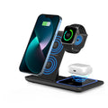 Sleek foldable 3-in-1 wireless charging station powering a smartphone, smartwatch, and earbuds simultaneously