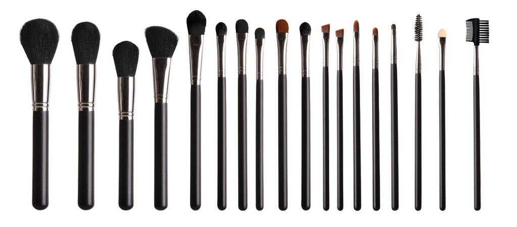 18-piece makeup brush set with wooden handles and synthetic bristles in a wearable waist holder — view 2
