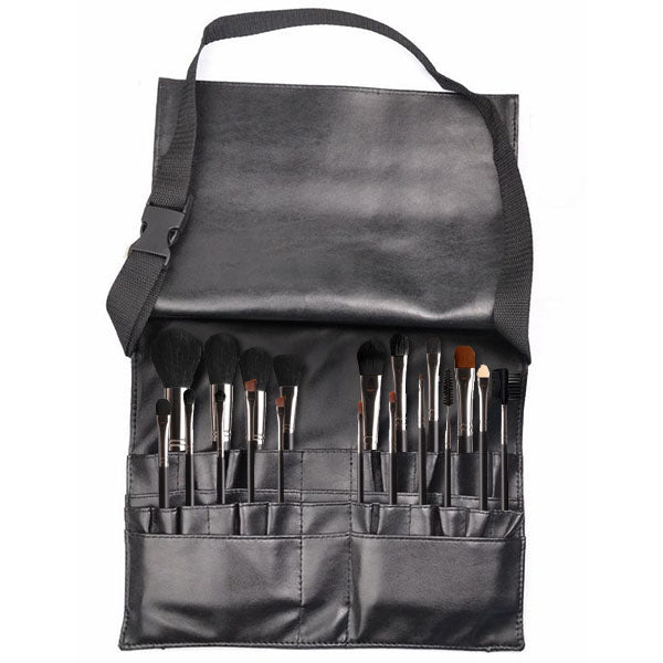 18-piece makeup brush set with wooden handles and synthetic bristles in a wearable waist holder