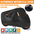 Black waterproof motorcycle cover over a bike featuring reflective safety strips and secure windproof straps