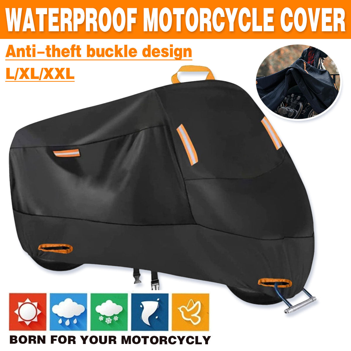 Black waterproof motorcycle cover over a bike featuring reflective safety strips and secure windproof straps