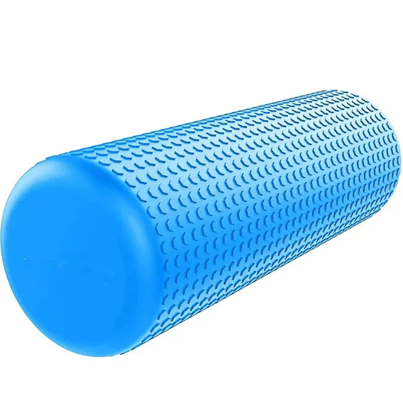 High-density yoga foam roller in blue EVA material, 45cm length for deep tissue massage