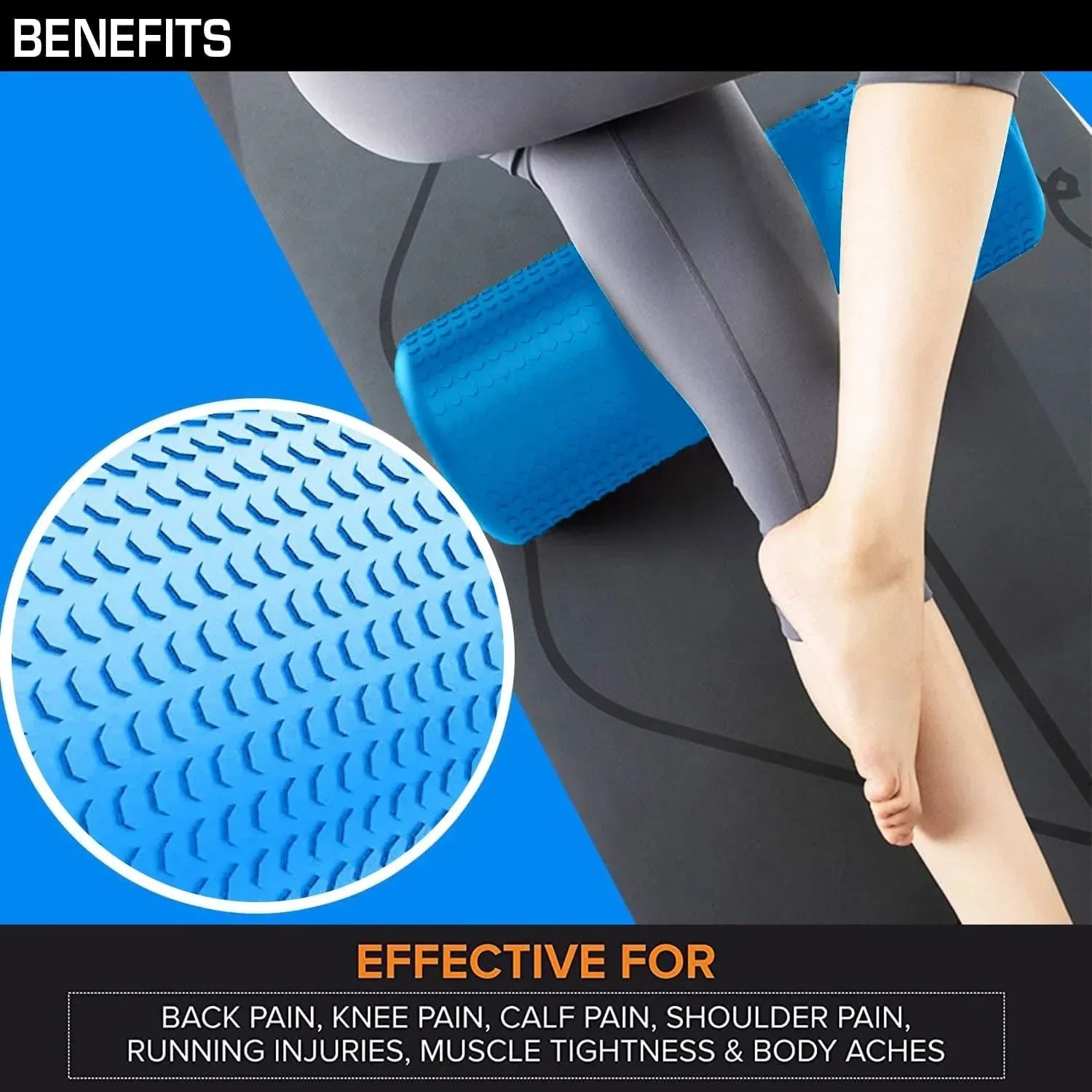 High-density yoga foam roller in blue EVA material, 45cm length for deep tissue massage — view 5