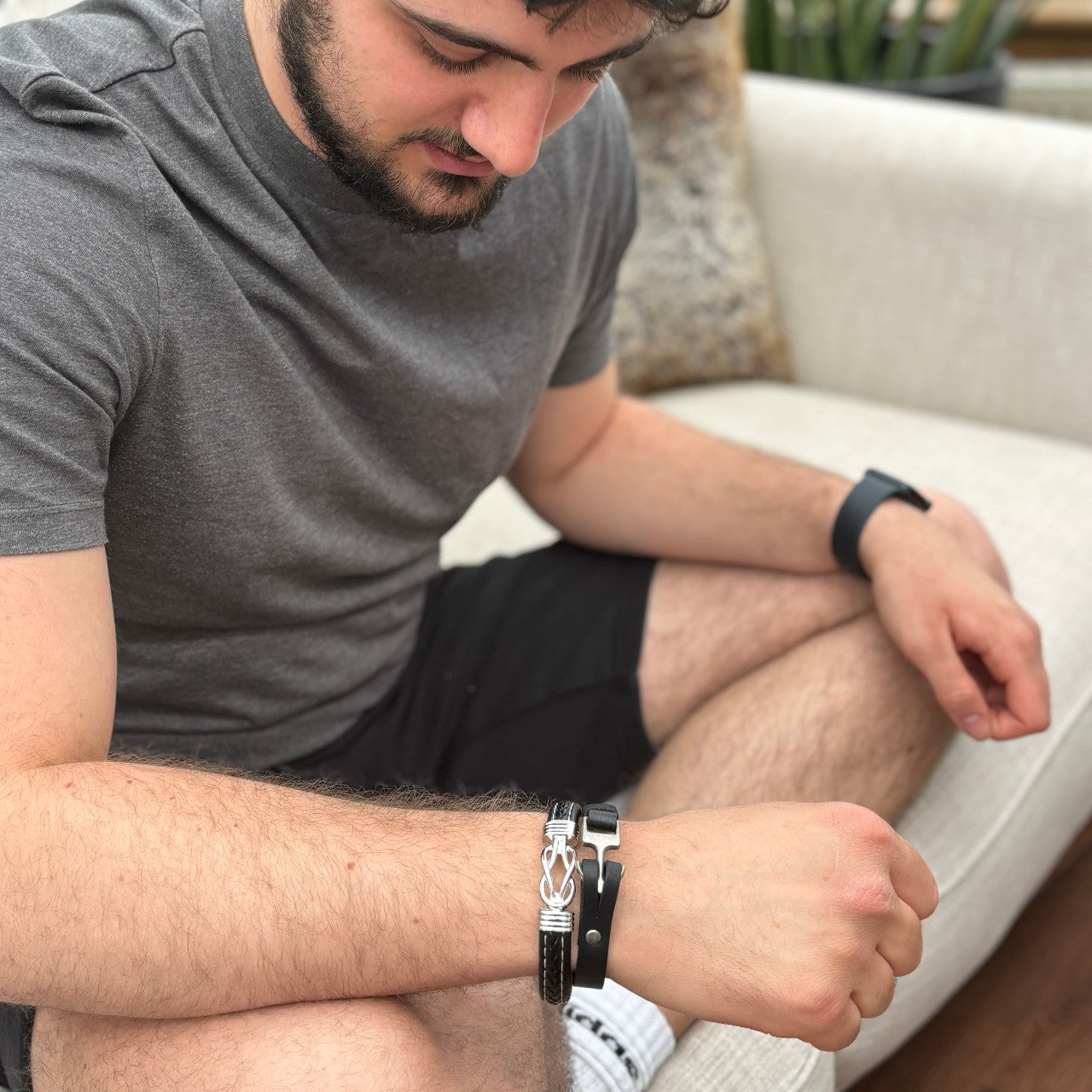 Mens black PU leather bracelet featuring a silver tone metal anchor hook clasp and sophisticated box — view 3