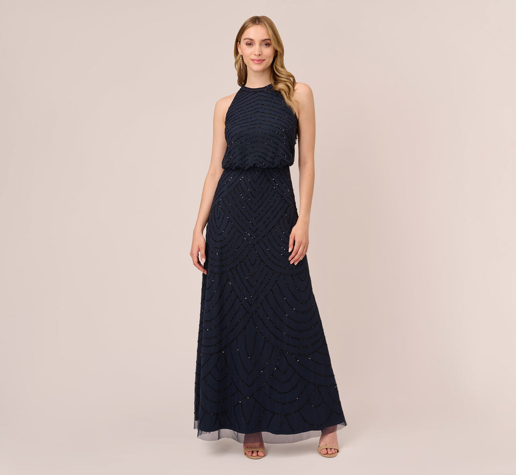 Halter Long Beaded Gown by Adrianna Papell 191914100-0
