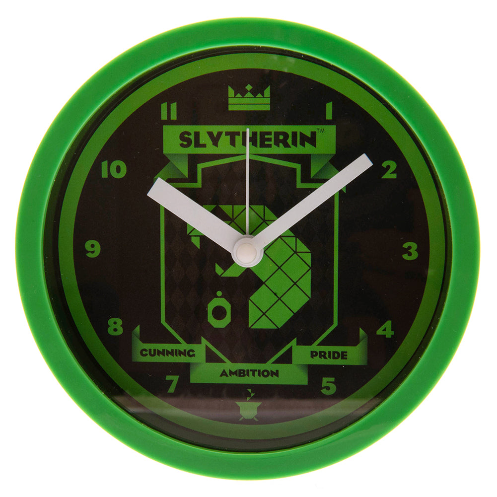 Round Harry Potter Slytherin crest desktop alarm clock featuring clear numbers and durable plastic case. — view 2