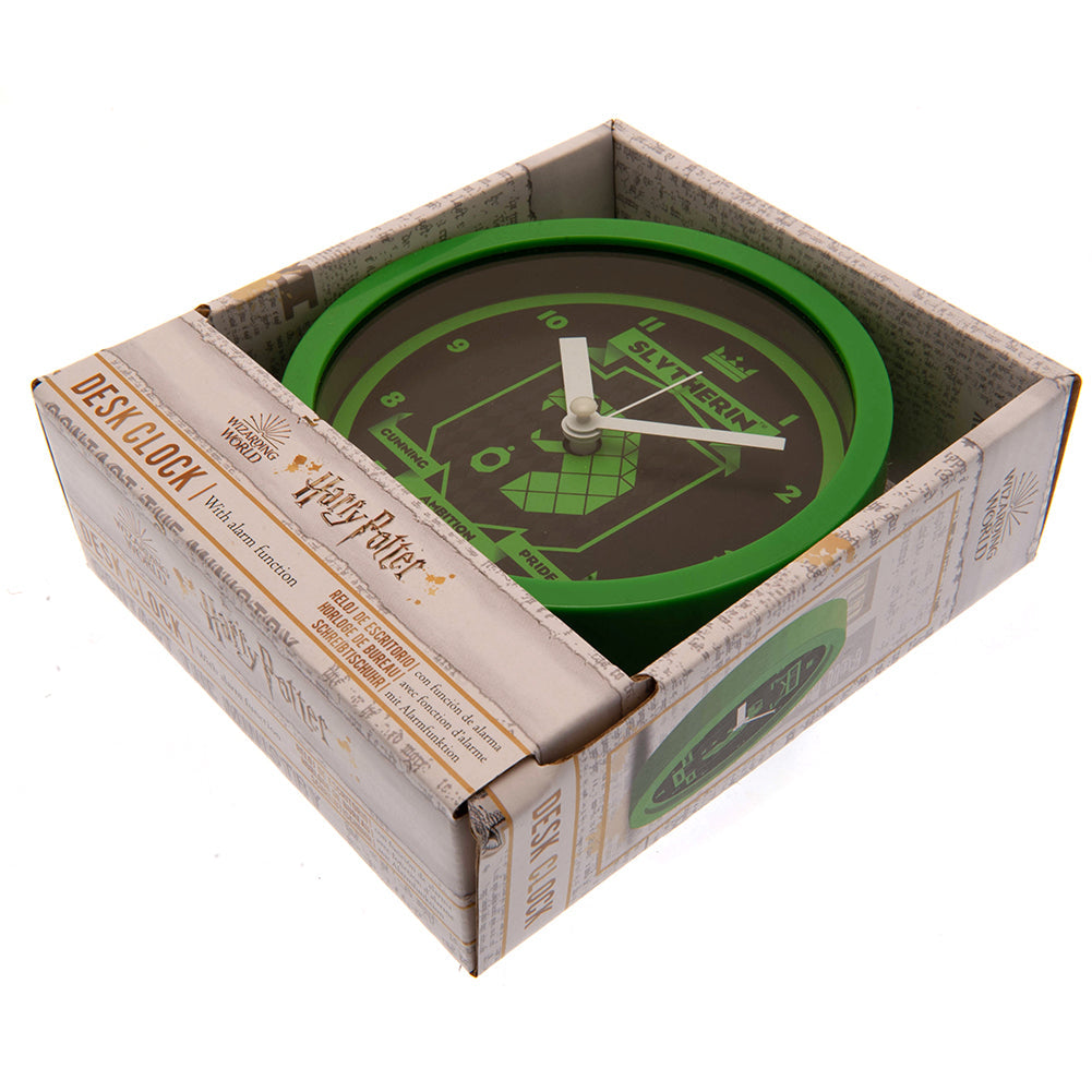 Round Harry Potter Slytherin crest desktop alarm clock featuring clear numbers and durable plastic case. — view 3