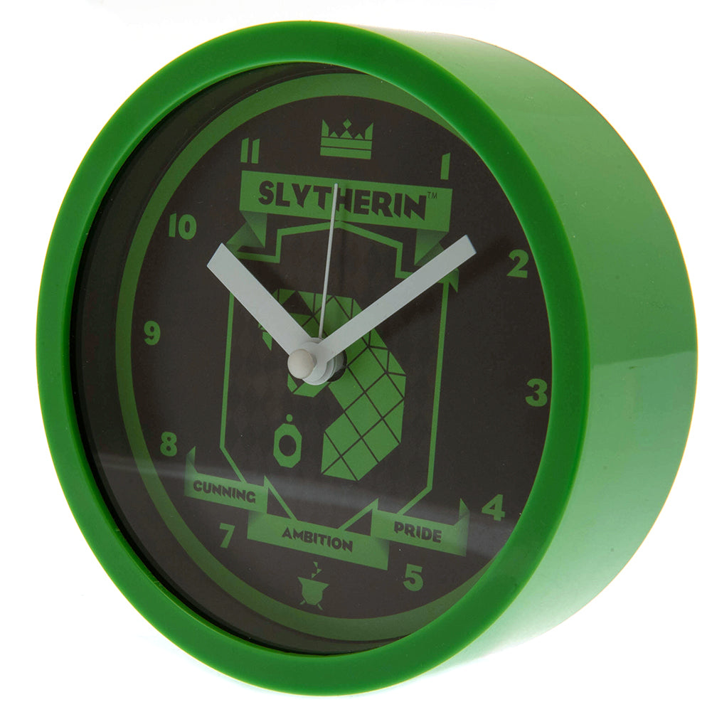Round Harry Potter Slytherin crest desktop alarm clock featuring clear numbers and durable plastic case.