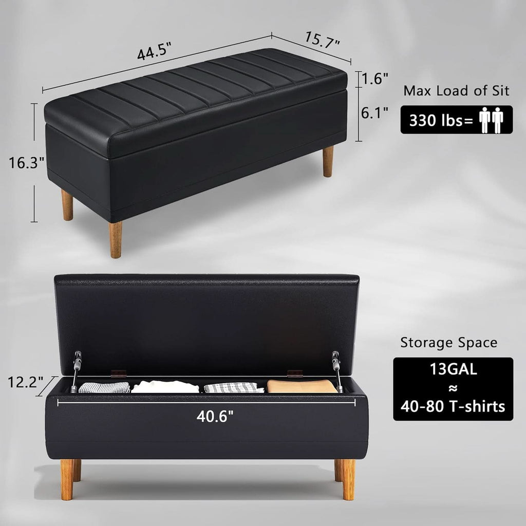 Black 44.5-inch PU leather storage ottoman with solid wood legs and open lid showing interior. — view 2