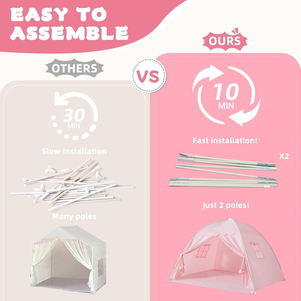 Pink toddler bed tent canopy over a twin mattress, with starry night lights and tieback doors — view 5