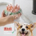 Compact two-in-one silicone pet grooming brush and shampoo dispenser with soft massaging bristles.
