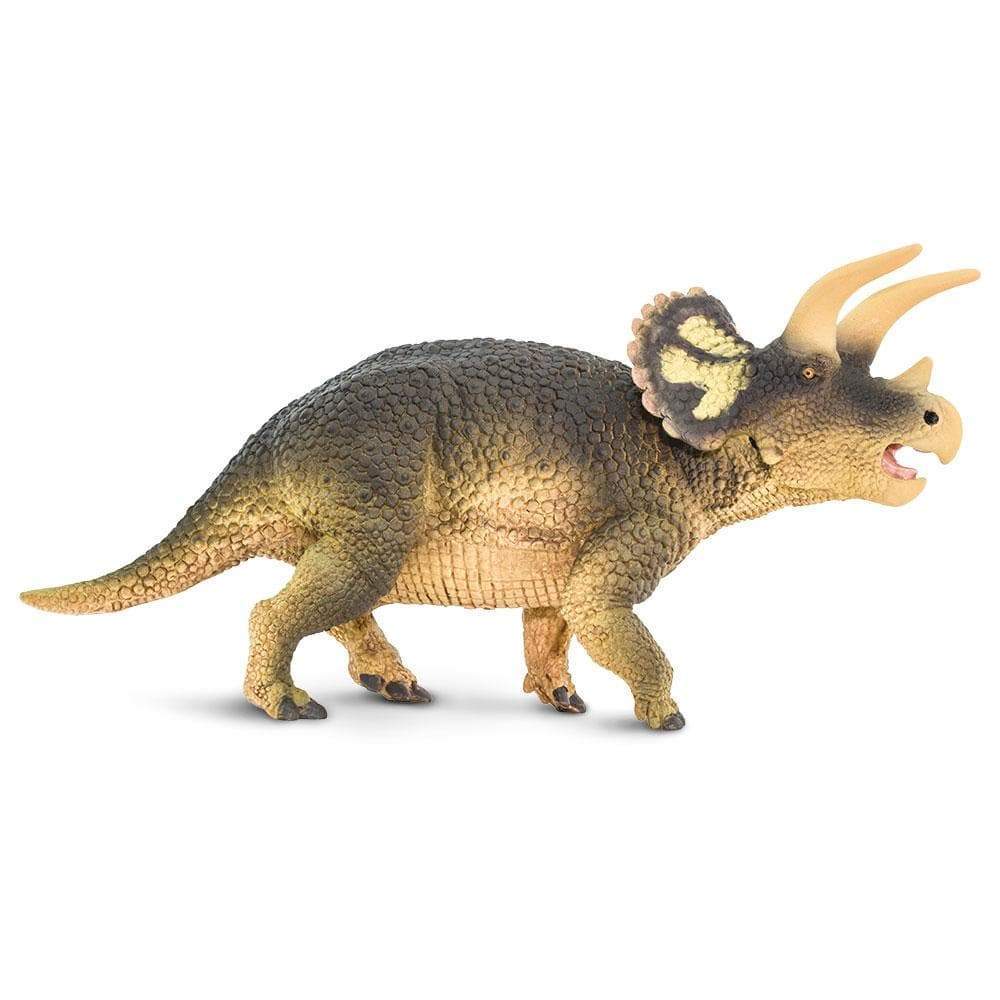 Detailed Triceratops dinosaur toy figure with large horns and scaly texture in a rearing pose