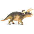 Detailed Triceratops dinosaur toy figure with large horns and scaly texture in a rearing pose