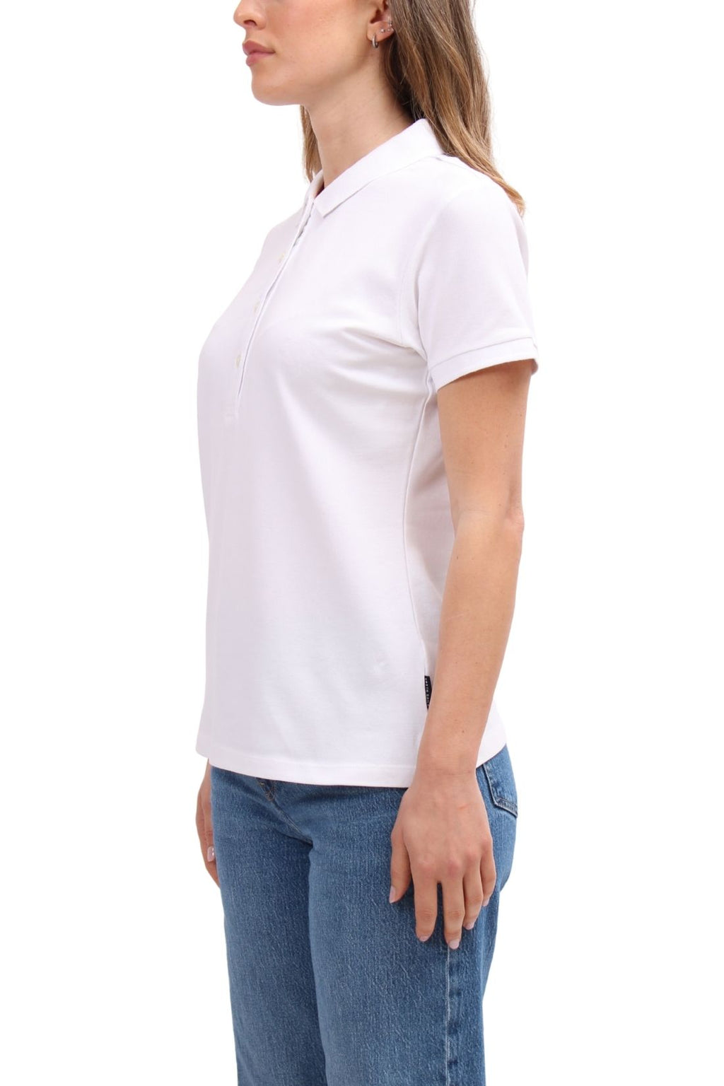 Women's black stretch cotton mesh polo shirt with short sleeves and four button placket — view 10