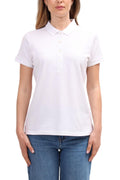 Women's black stretch cotton mesh polo shirt with short sleeves and four button placket
