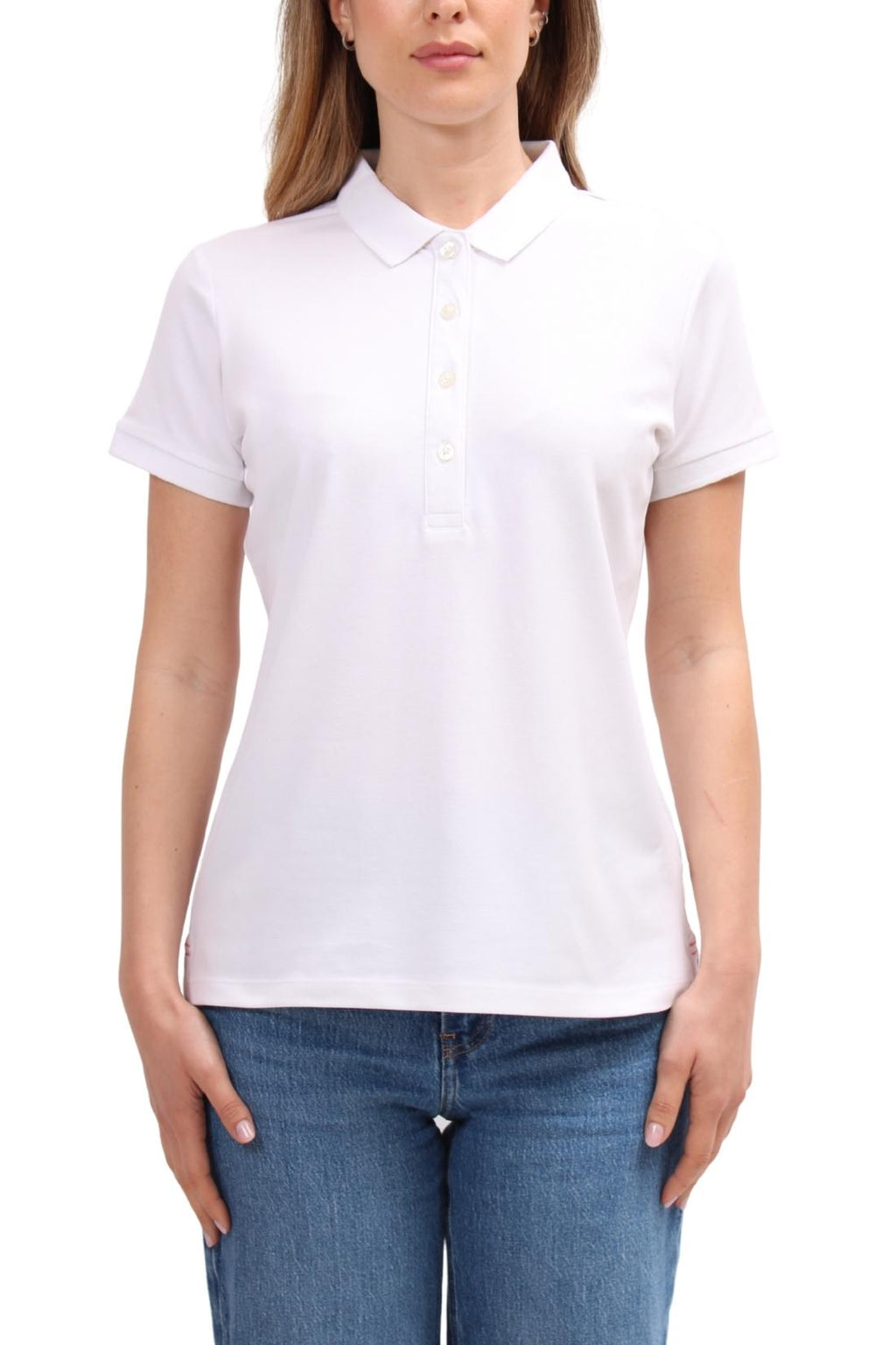 Women's black stretch cotton mesh polo shirt with short sleeves and four button placket — view 5
