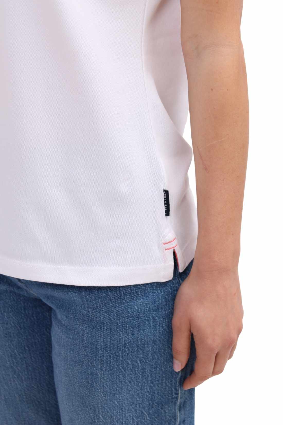 Women's black stretch cotton mesh polo shirt with short sleeves and four button placket — view 8
