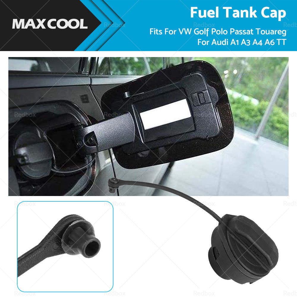 Black replacement fuel tank cap with safety tether made of durable ABS plastic for automobiles