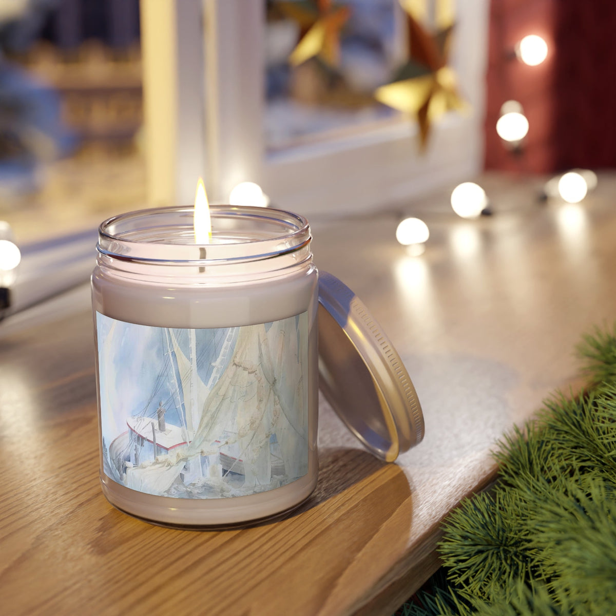 9oz Eco-Friendly Scented or Unscented Soy Wax Candle Jar  with 'Sailboat' Coastal Artwork by American Artist Barbara Cleary-2