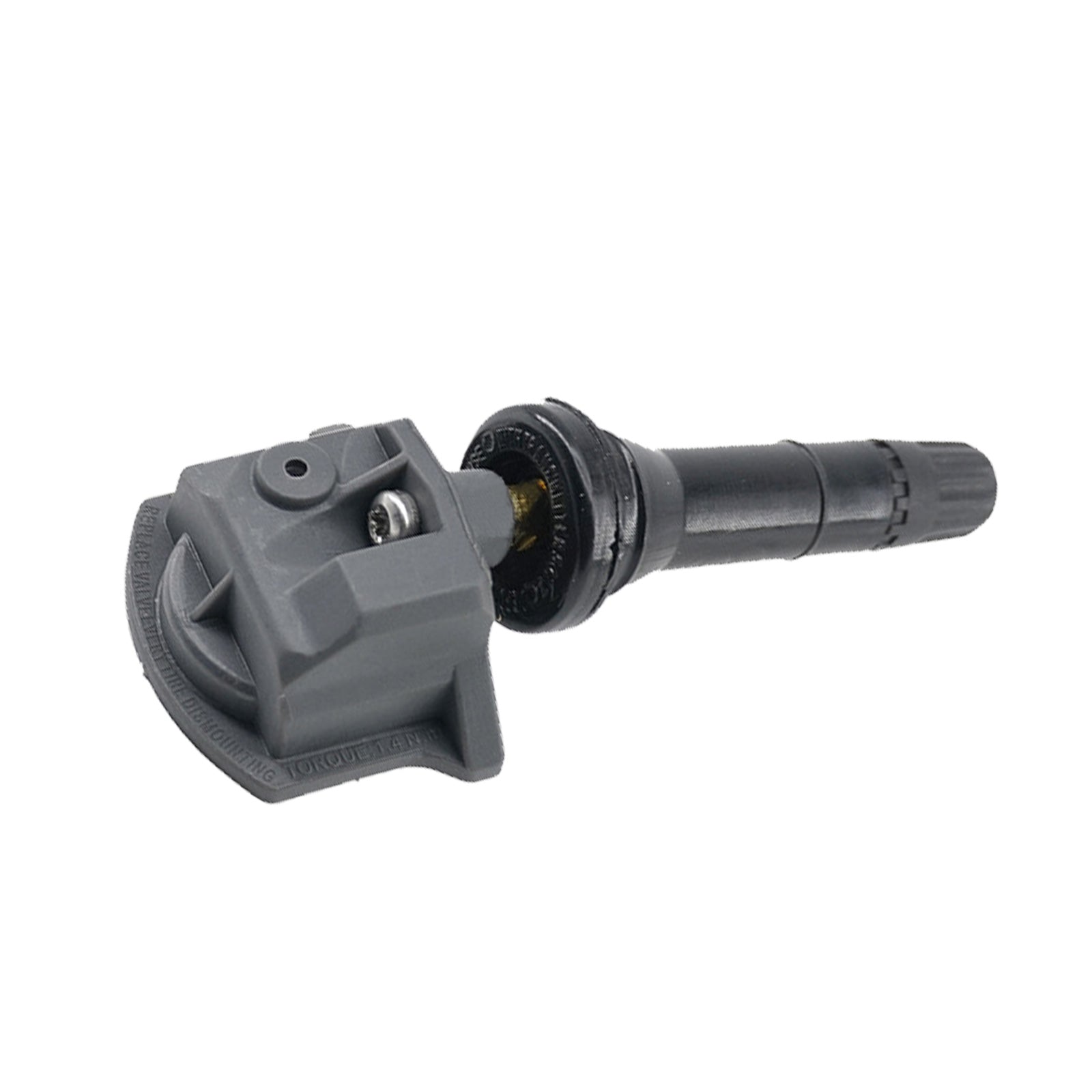 Set of four black automotive tire pressure monitoring sensors with metal valves. — view 2