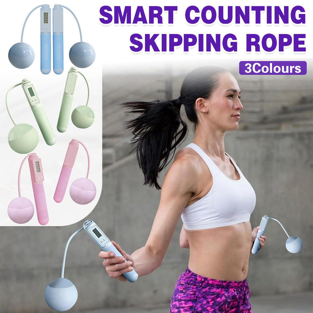 Smart cordless weighted jump rope with digital counter handles and attached pink resistance balls