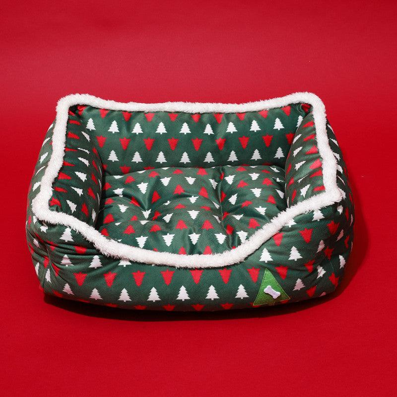 Luxury festive pet bed with red lattice pattern, plush exterior, and cozy lambswool interior.
