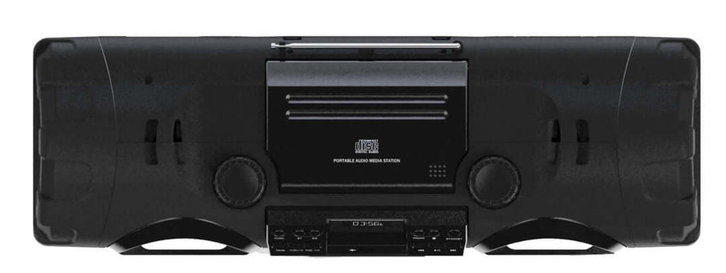 Sleek black bass reflex boombox with top carry strap, large dual speakers, and control panel — view 2