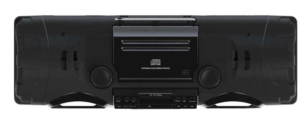 Sleek black bass reflex boombox with top carry strap, large dual speakers, and control panel — view 2