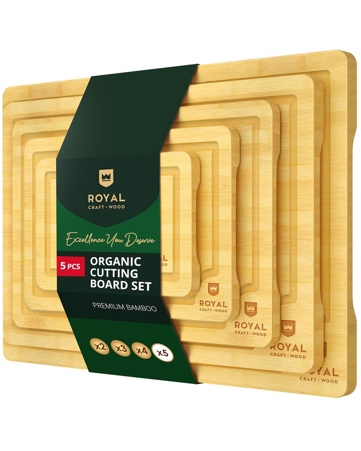 Bamboo cutting board set of five rectangular wooden chopping blocks with built-in juice grooves.