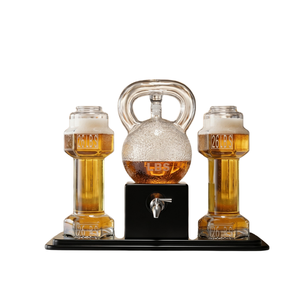 Clear glass kettlebell whiskey decanter and four dumbbell glasses on a wooden display base