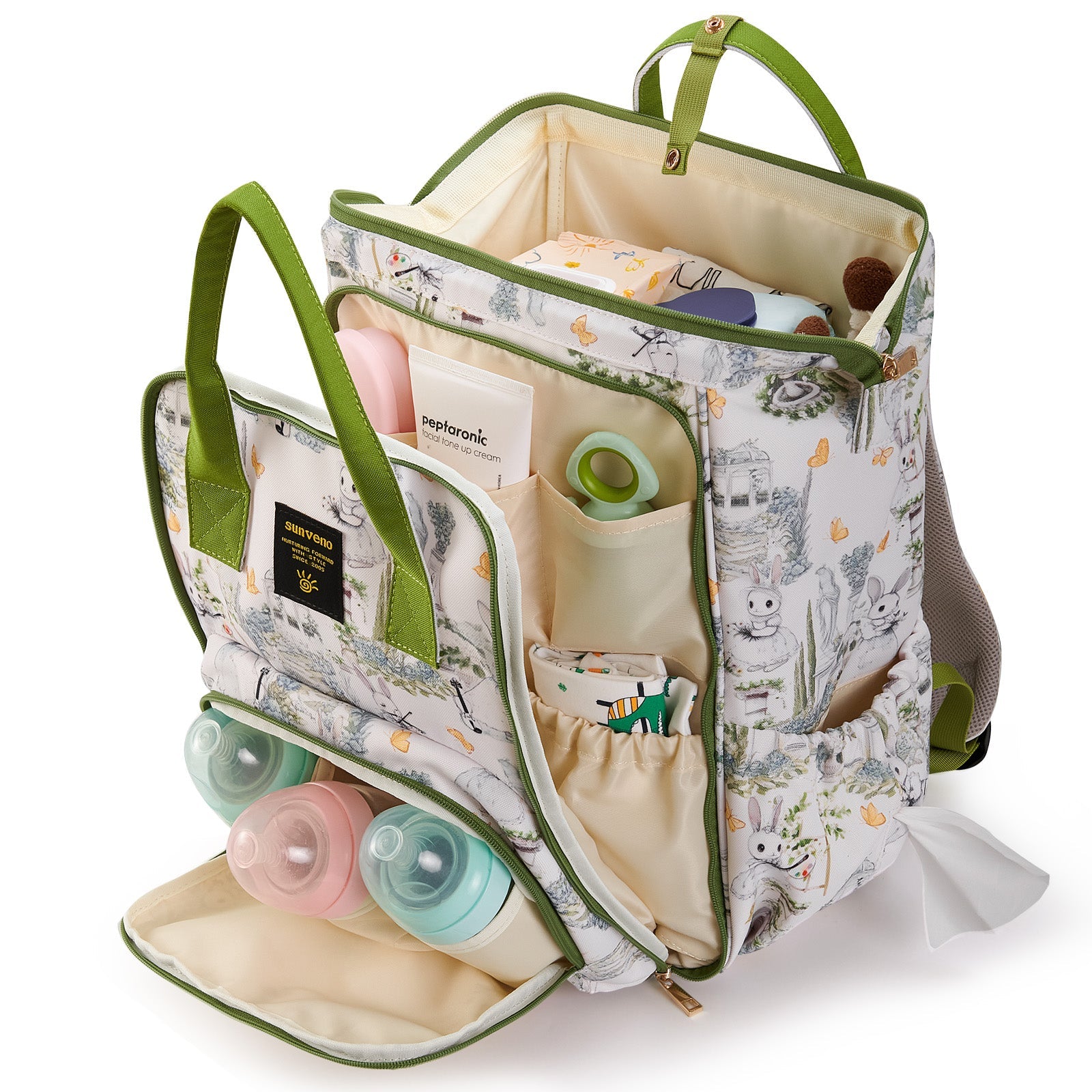 Wide open frame diaper bag backpack made of water-resistant oxford cloth with padded straps — view 4